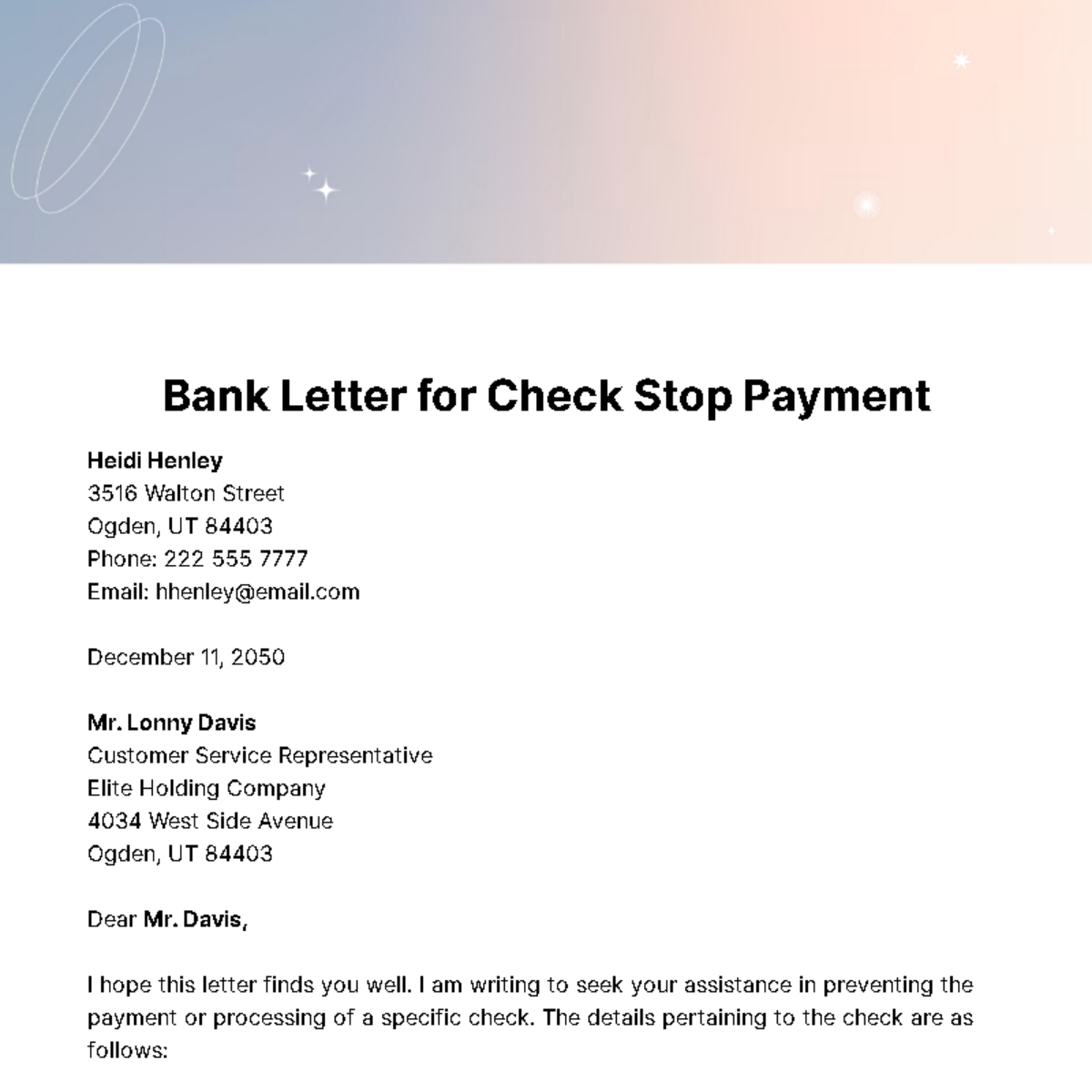 Bank Letter for Check Stop Payment Template