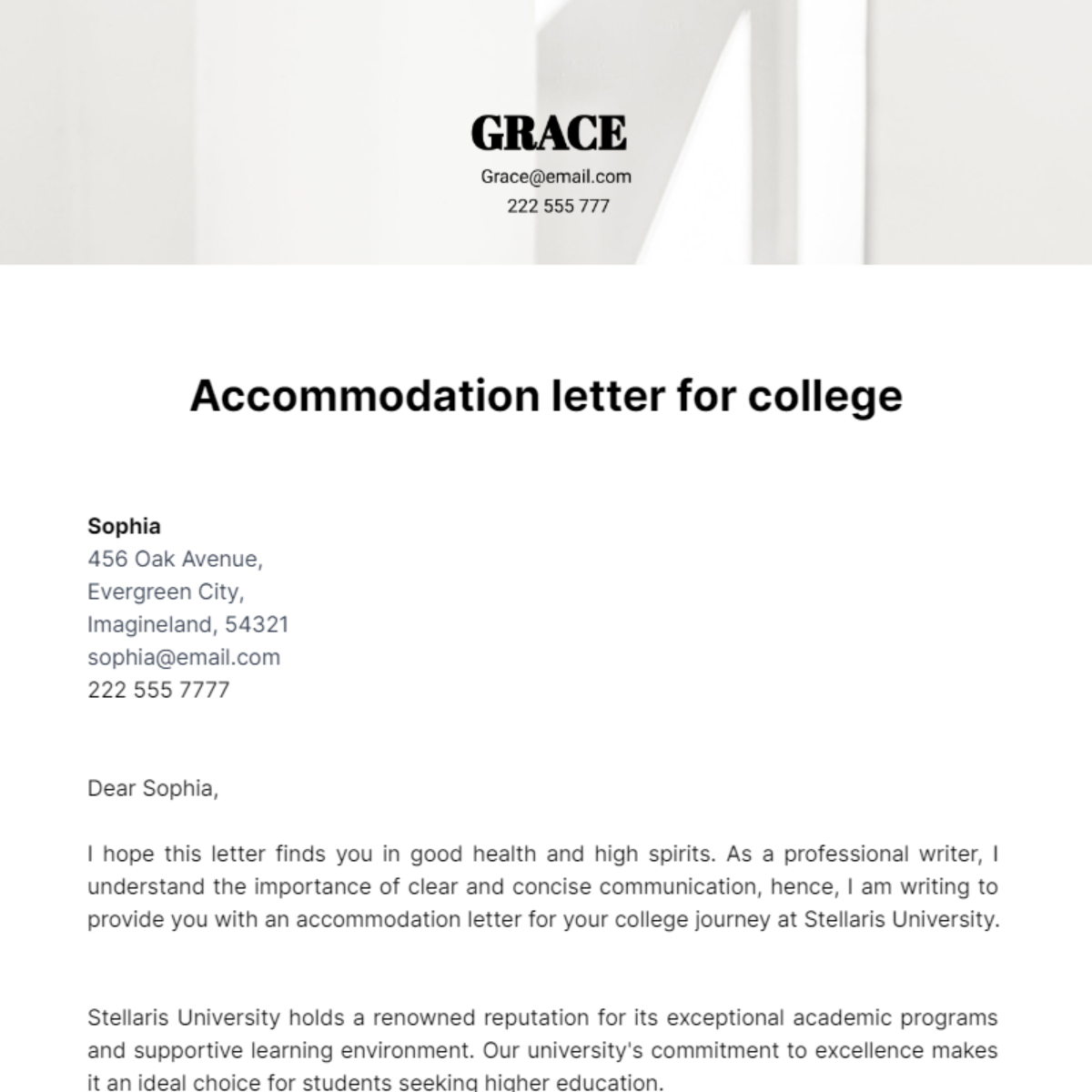 Accommodation Letter For College Template