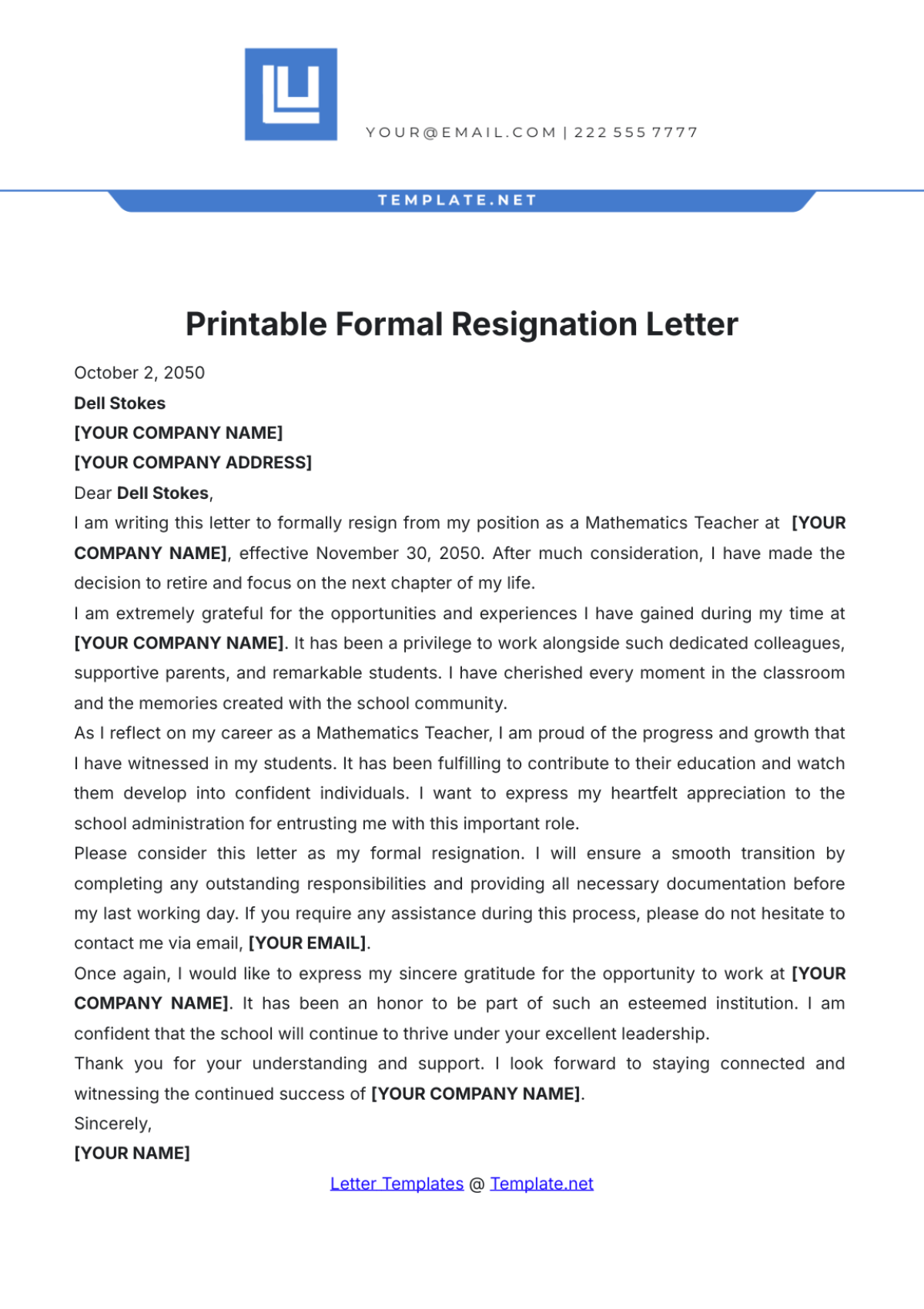 Printable Formal Resignation Letter Template - Edit Online & Download