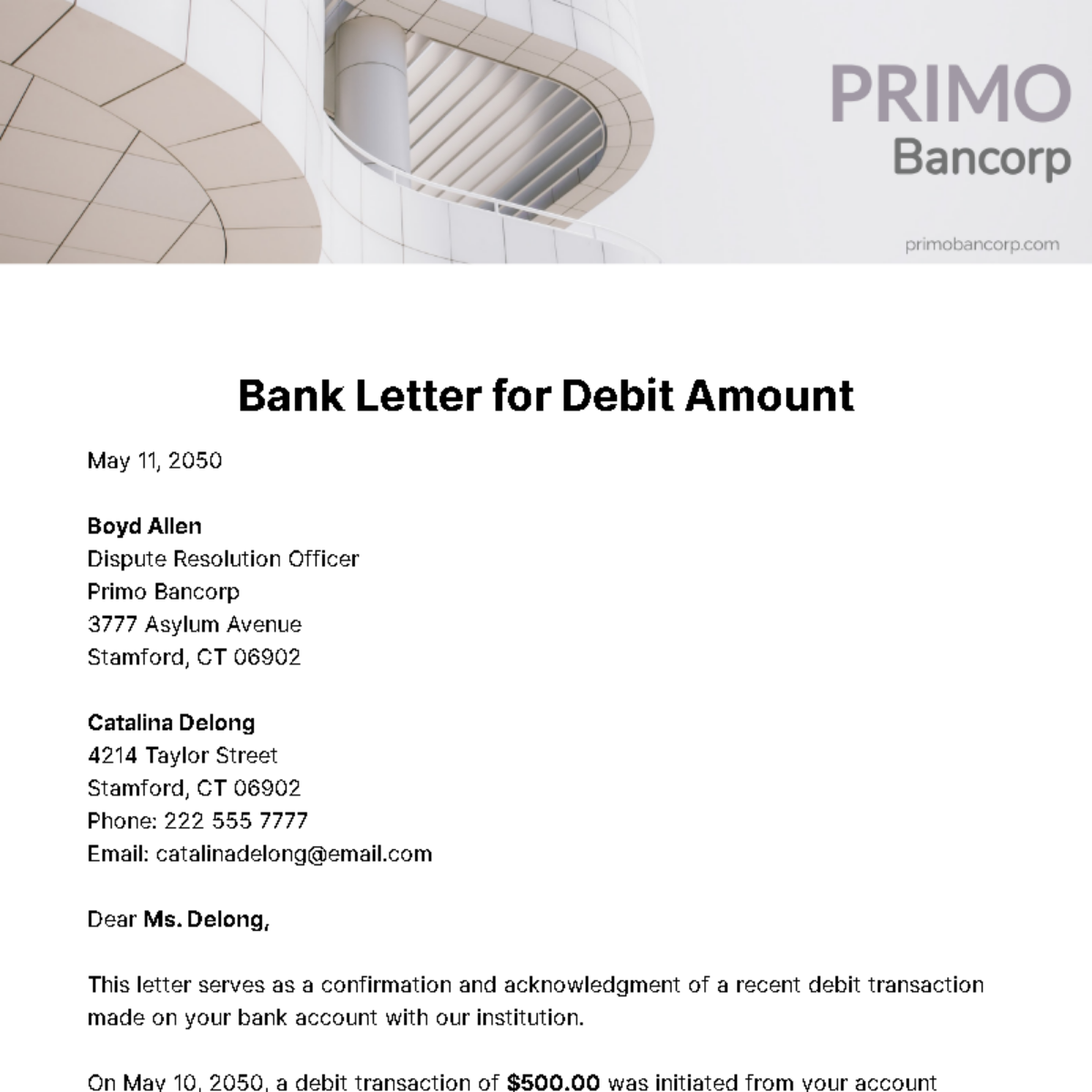 Free Bank Letter for Debit Amount Template