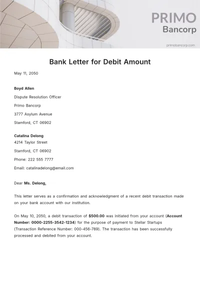 Free Bank Letter for Debit Amount Template to Edit Online