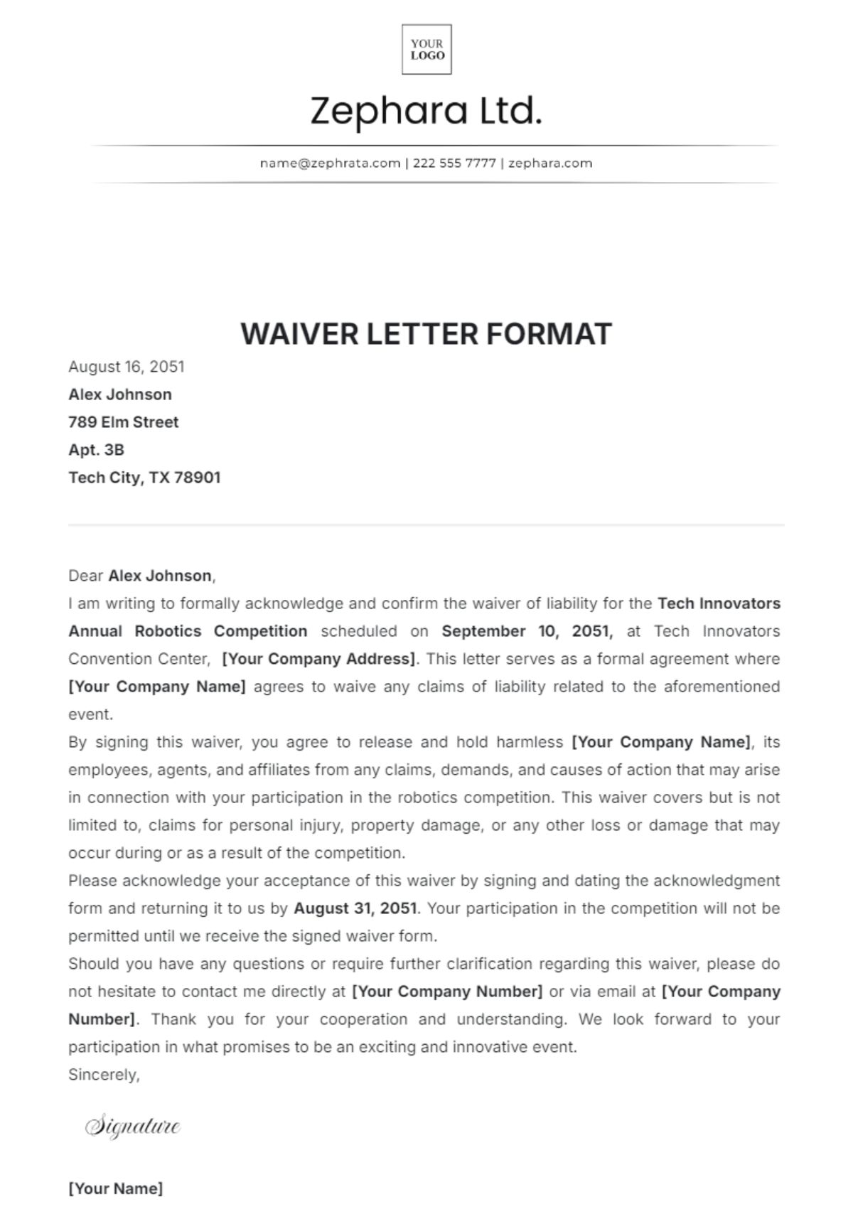 Waiver Letter Format Template - Edit Online & Download