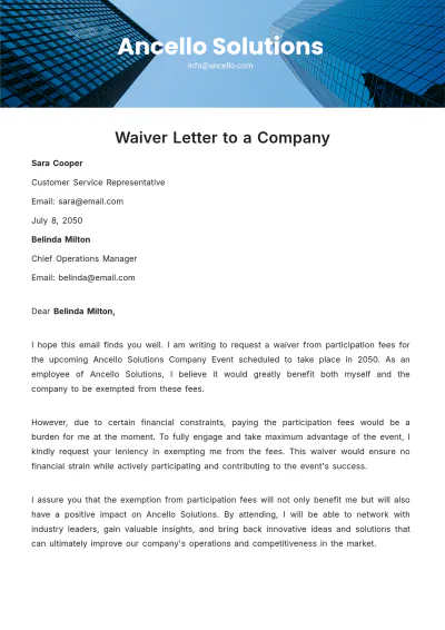 Free Waiver Letter to a Company  Template to Edit Online