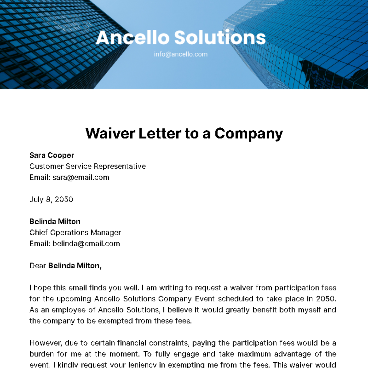 Free Waiver Letter to a Company  Template