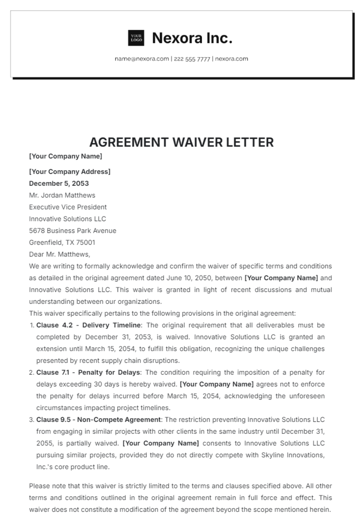 Agreement Waiver Letter Template - Edit Online & Download