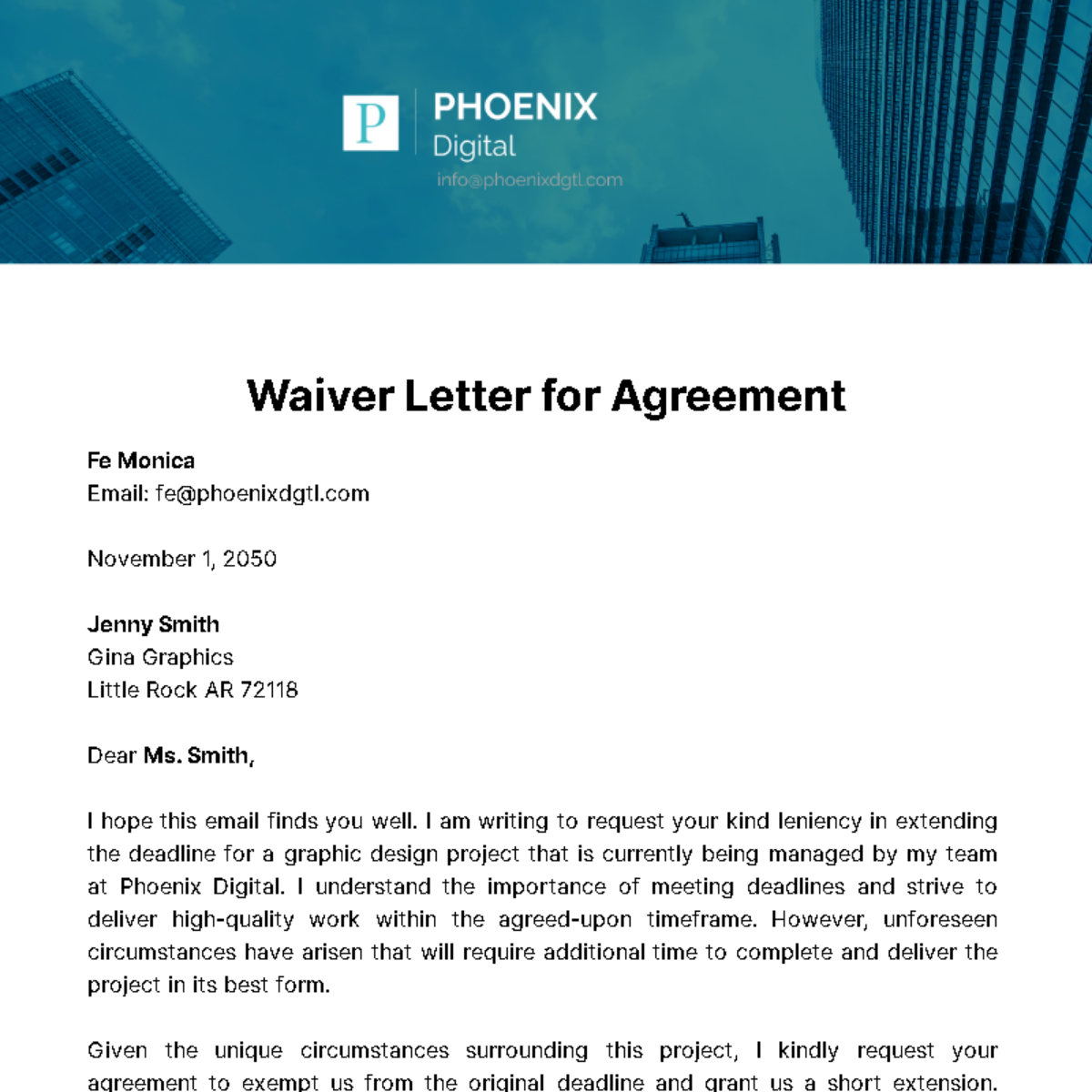 Waiver Letter for Agreement  Template