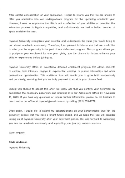 Free College Deferral Letter Template to Edit Online