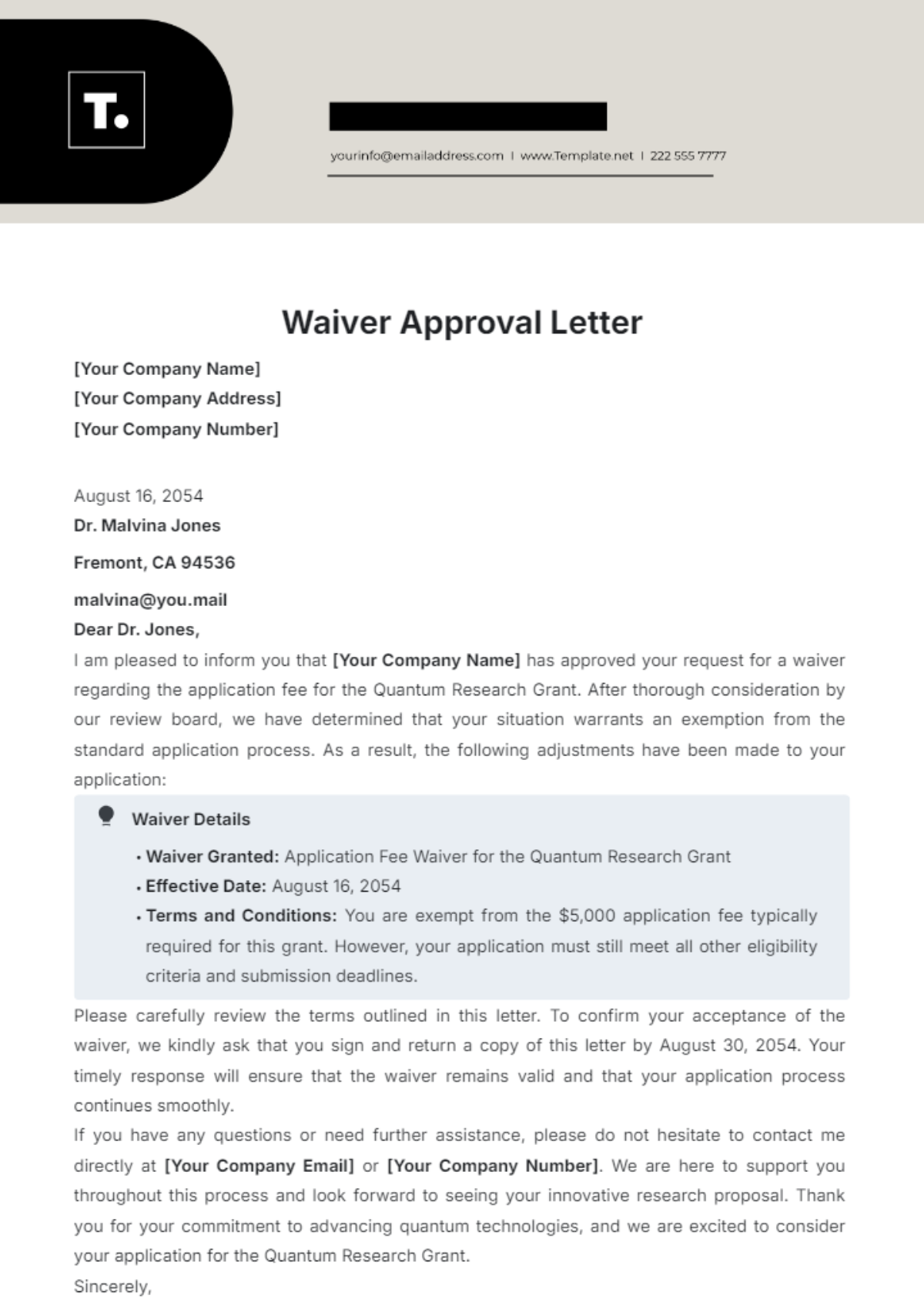 Waiver Approval Letter Template - Edit Online & Download