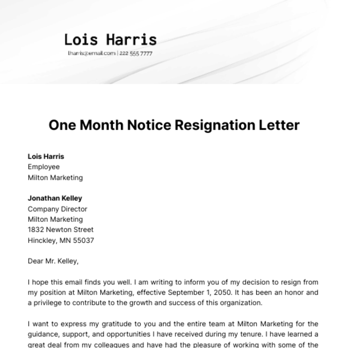 One Month Notice Resignation Letter  Template
