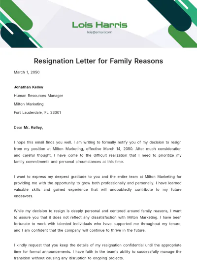 Free Resignation Letter for Family Reason  Template to Edit Online