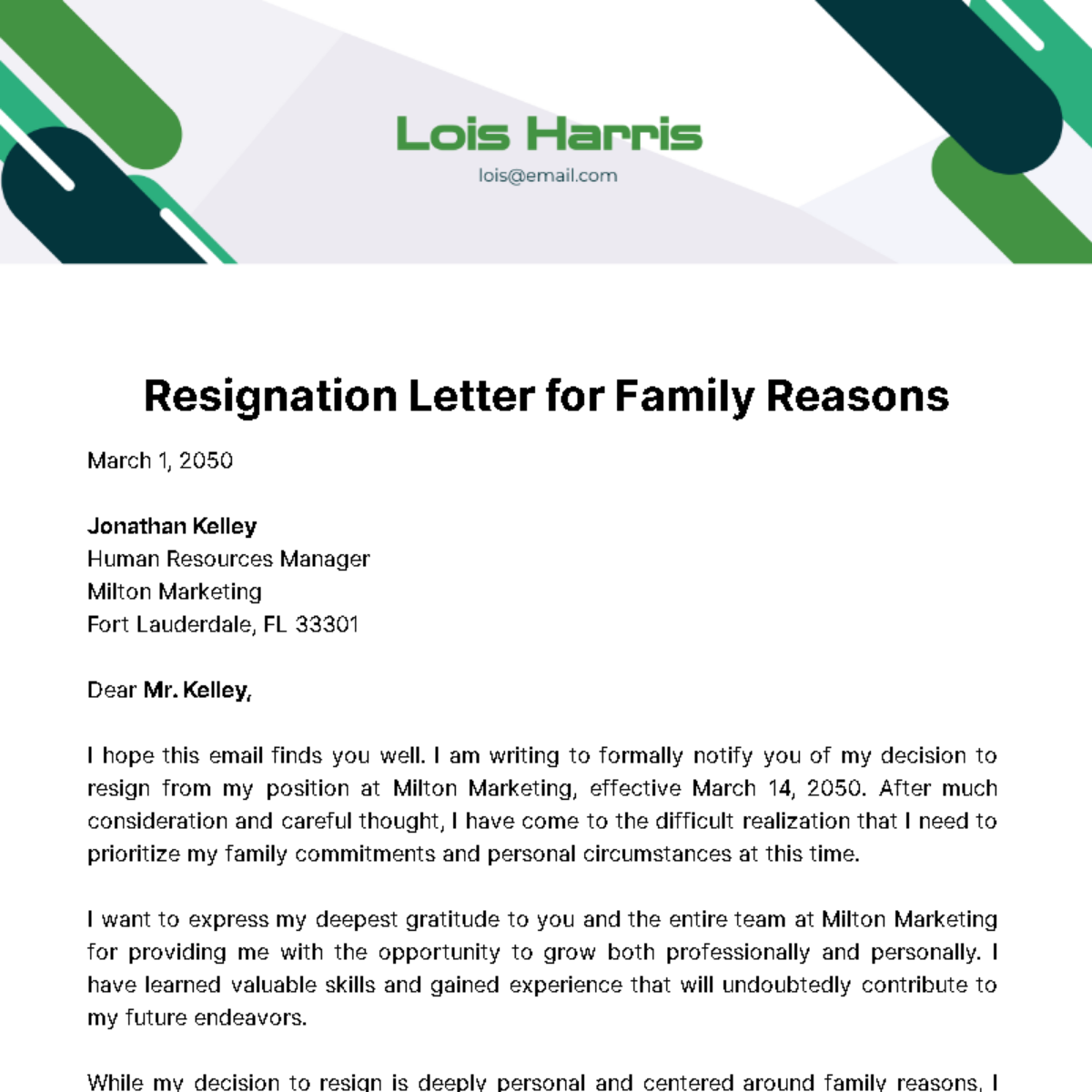 Resignation Letter for Family Reason  Template