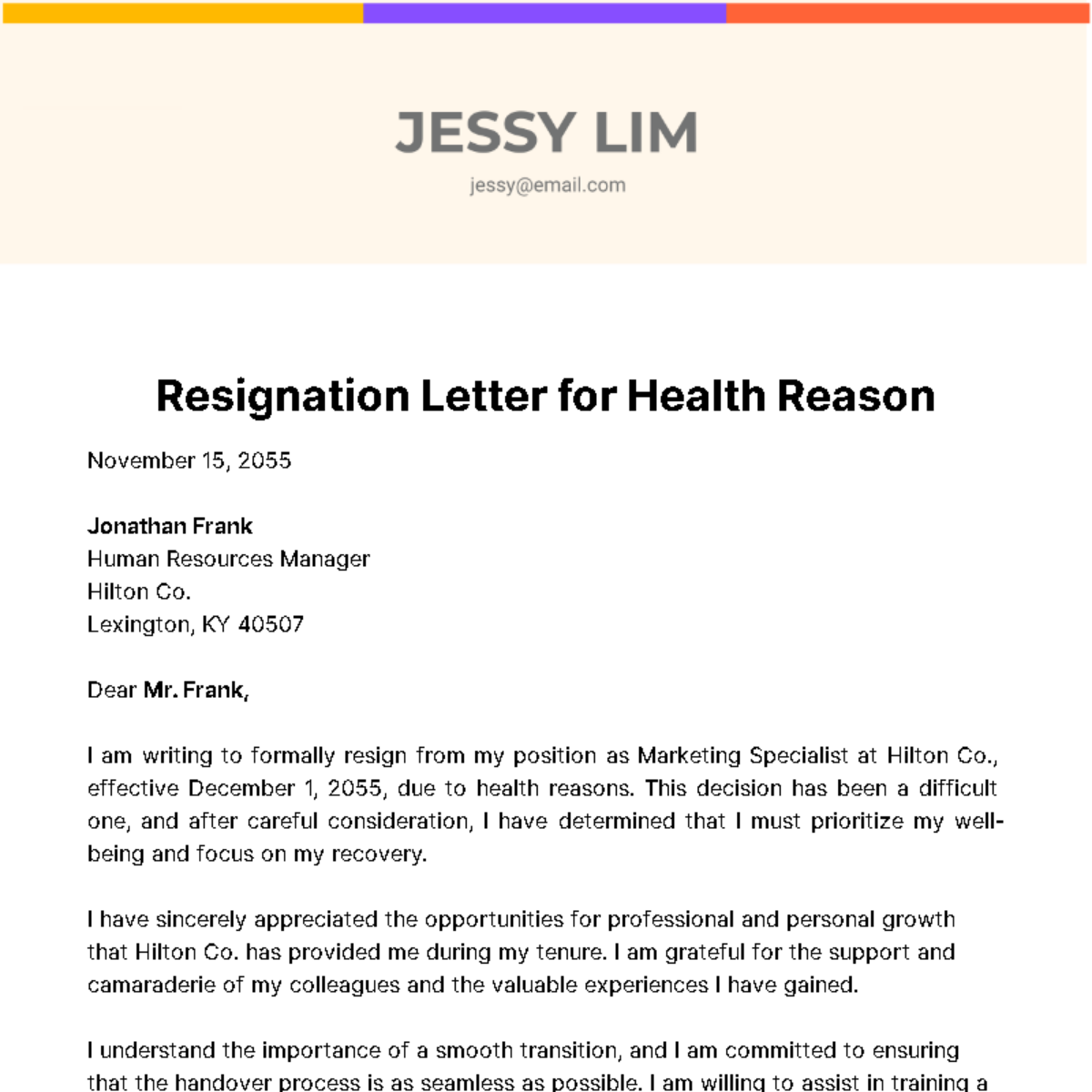 Resignation Letter for Health Reason  Template