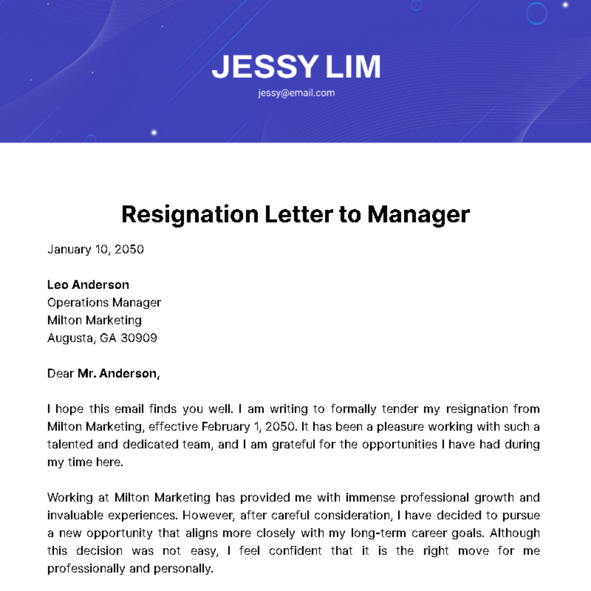 Resignation Letter to Manager  Template