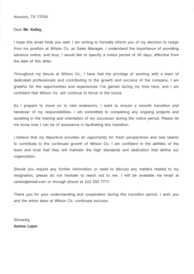 Free Resignation Letter with Notice Period  Template to Edit Online