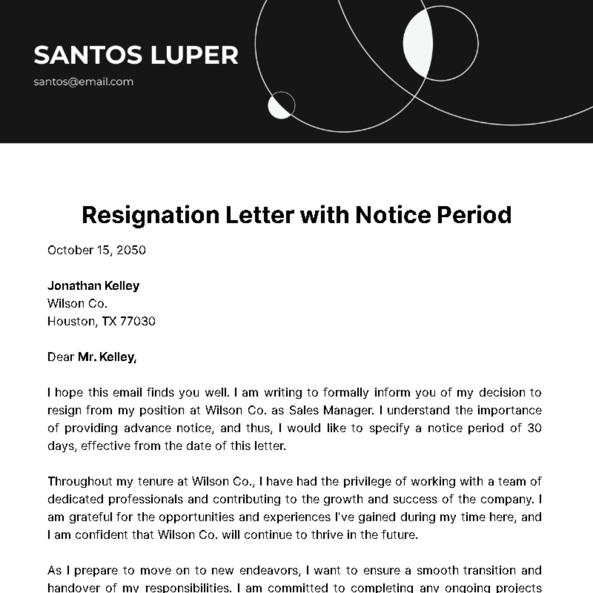 Resignation Letter with Notice Period  Template