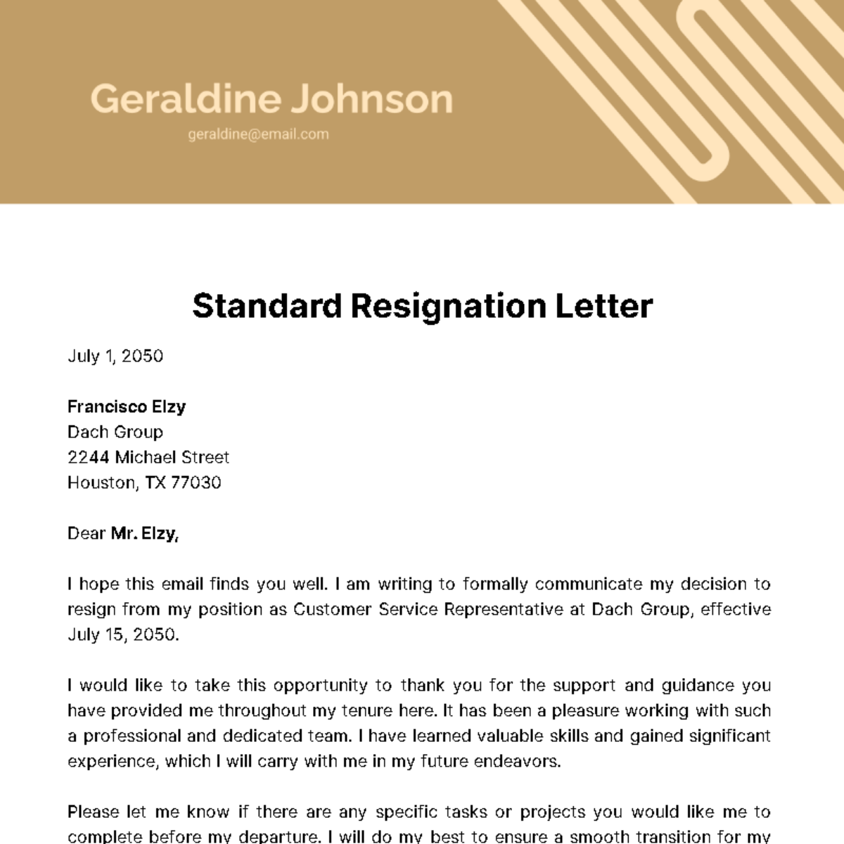 Free Standard Resignation Letter  Template