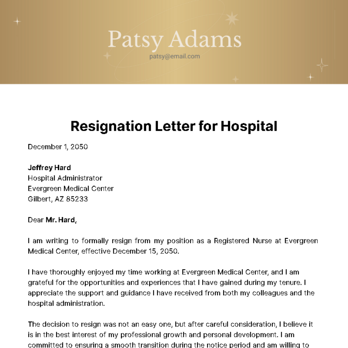 Resignation Letter for Hospital  Template