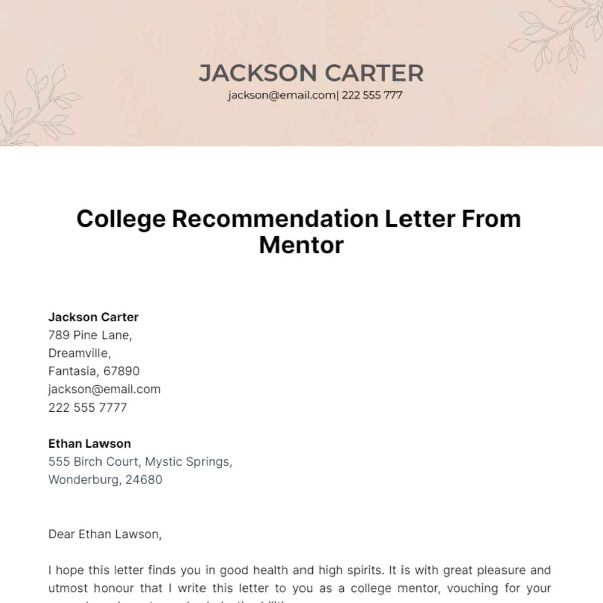 College Recommendation Letter From Mentor Template