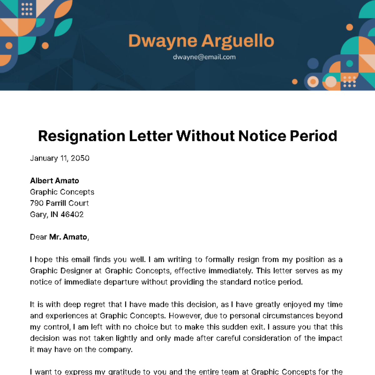Free Resignation Letter Without Notice Period  Template