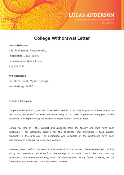 Free College Withdrawal Letter Template to Edit Online