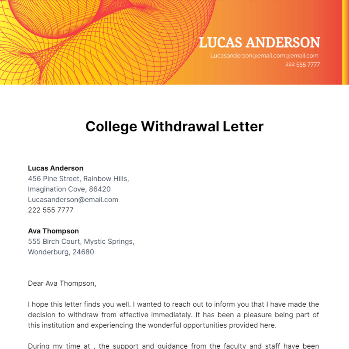 College Withdrawal Letter Template