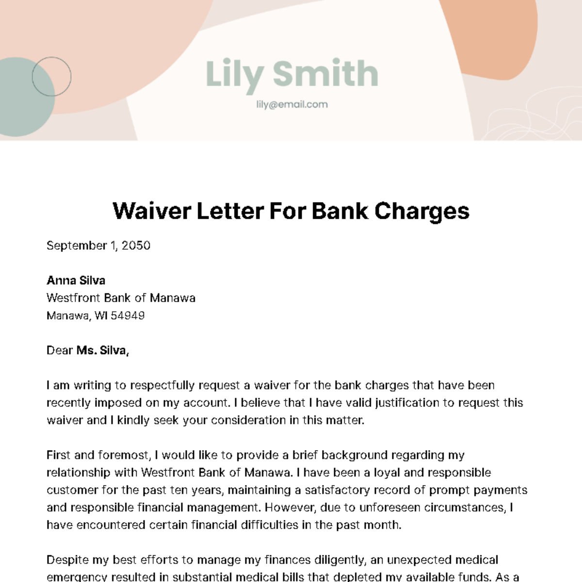 Waiver Letter for Bank Charges Template
