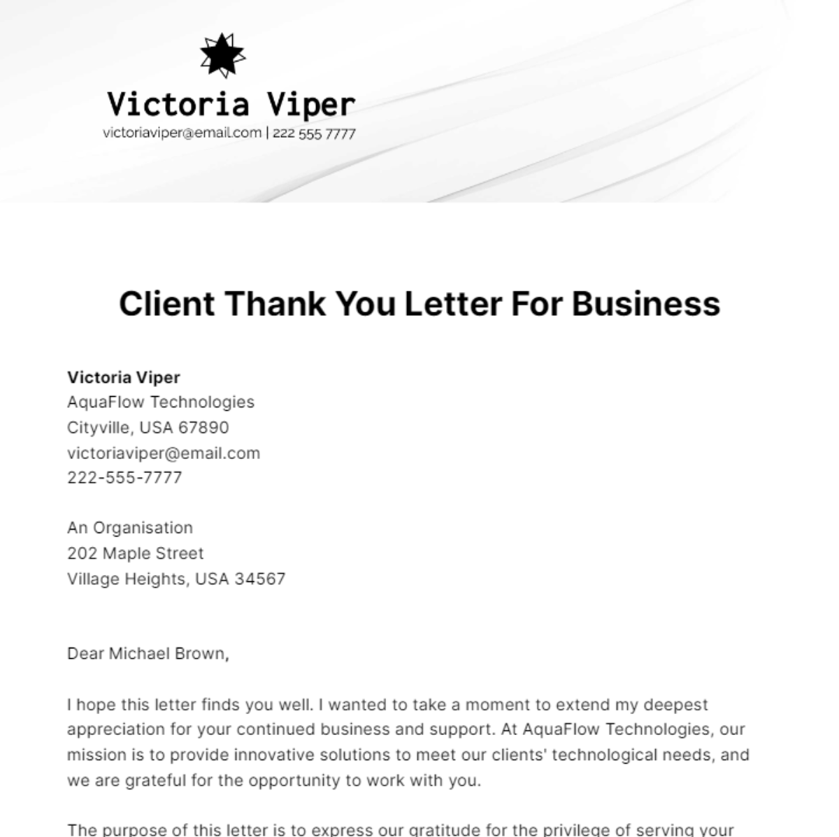 Client Thank You Letter For Business Template