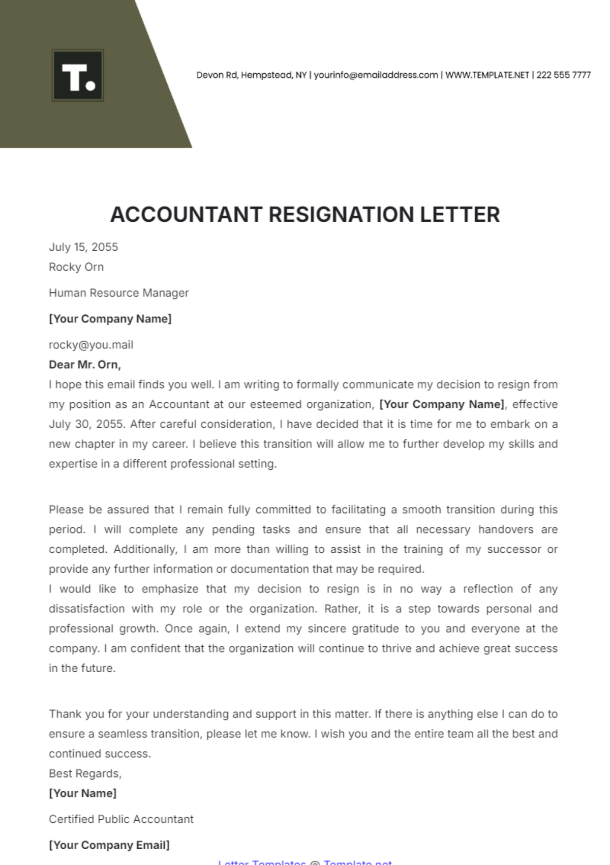 Accountant Resignation Letter Template - Edit Online & Download