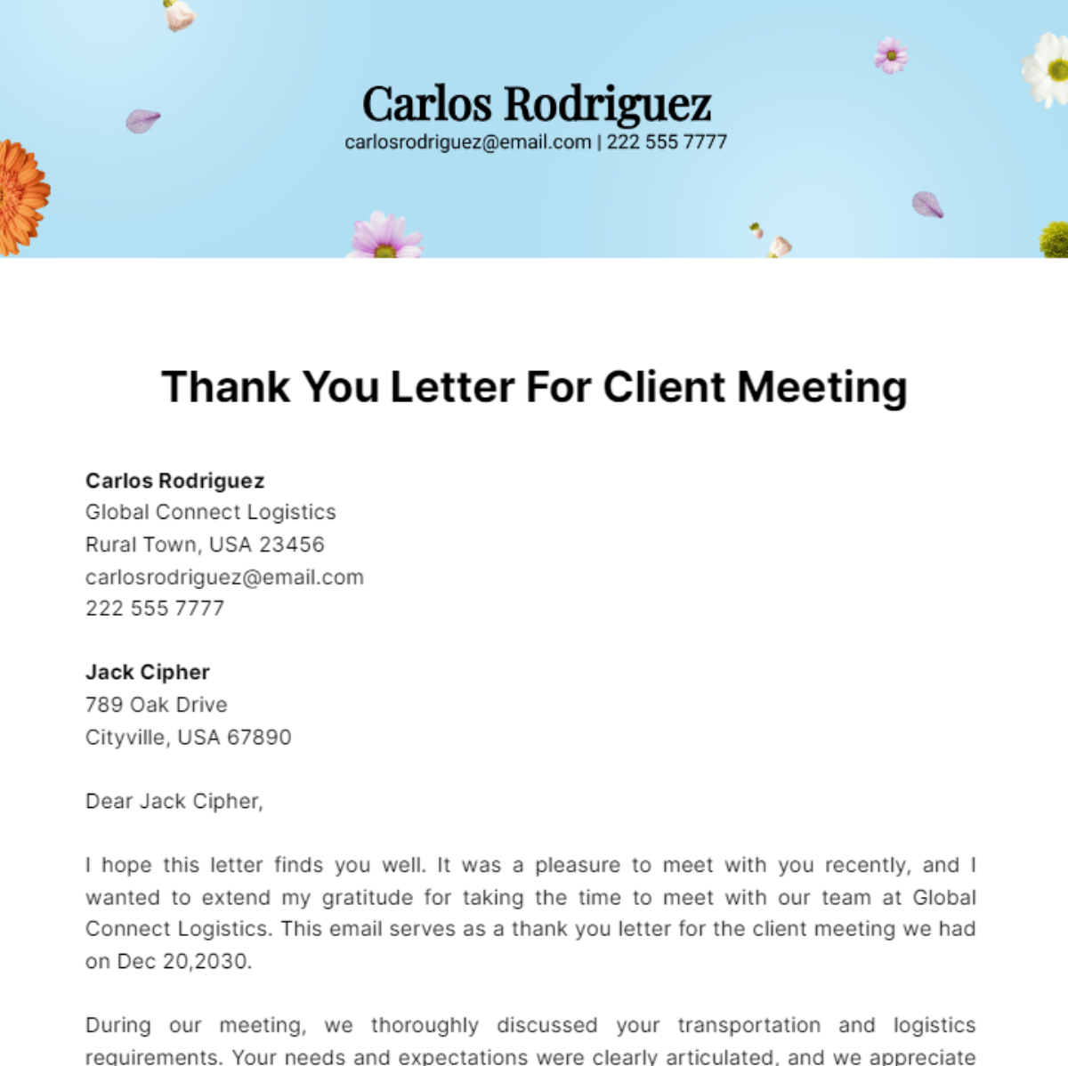 Free Thank You Letter For Client Meeting Template