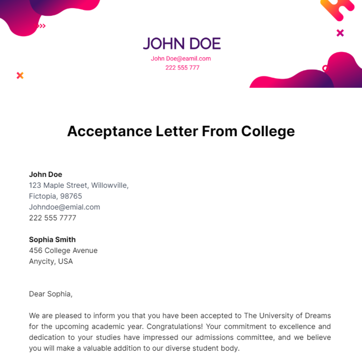 Acceptance Letter From College Template