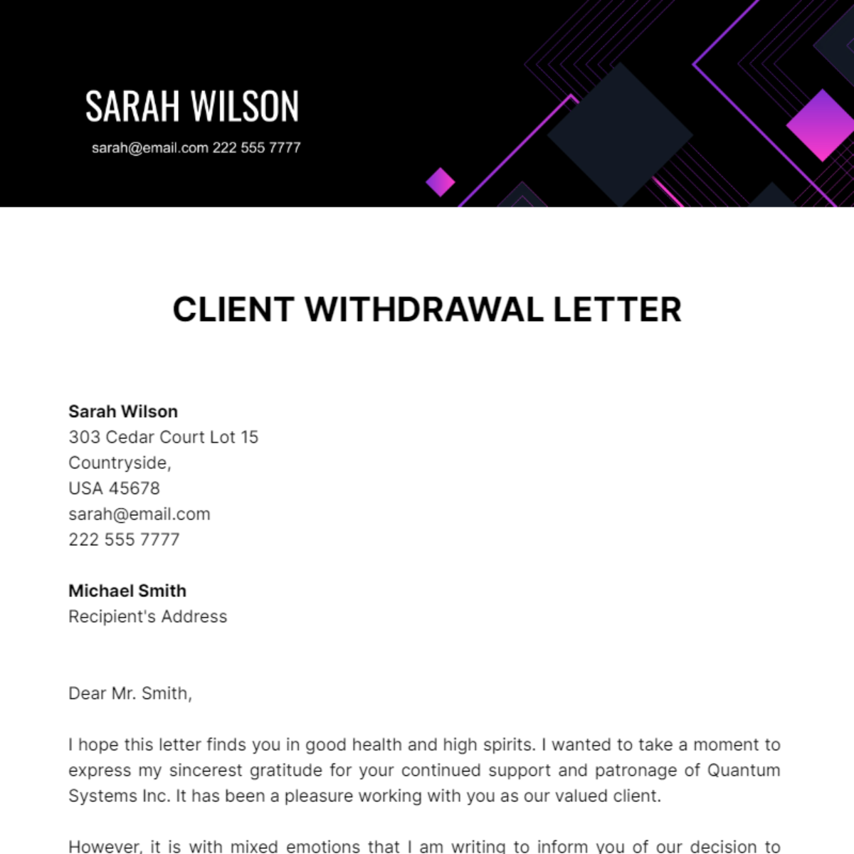 Client Withdrawal Letter Template