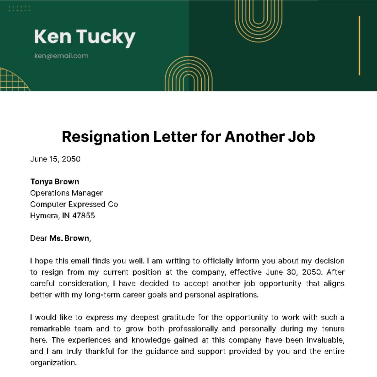 Free Resignation Letter for Another Job  Template