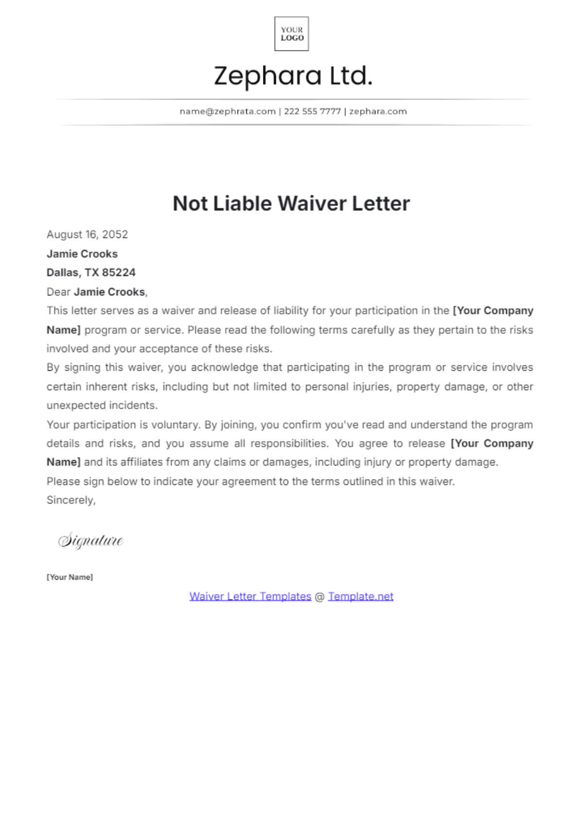 Not Liable Waiver Letter Template