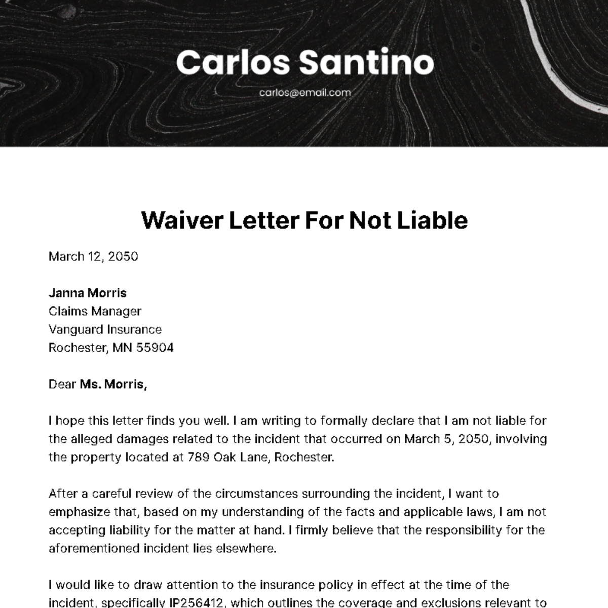 Waiver Letter for Not Liable Template