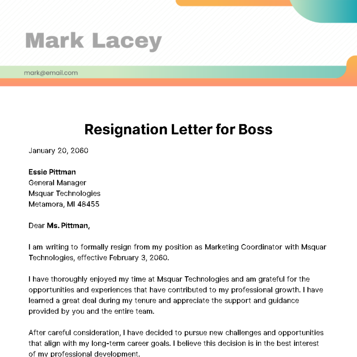 Free Resignation Letter for Boss  Template