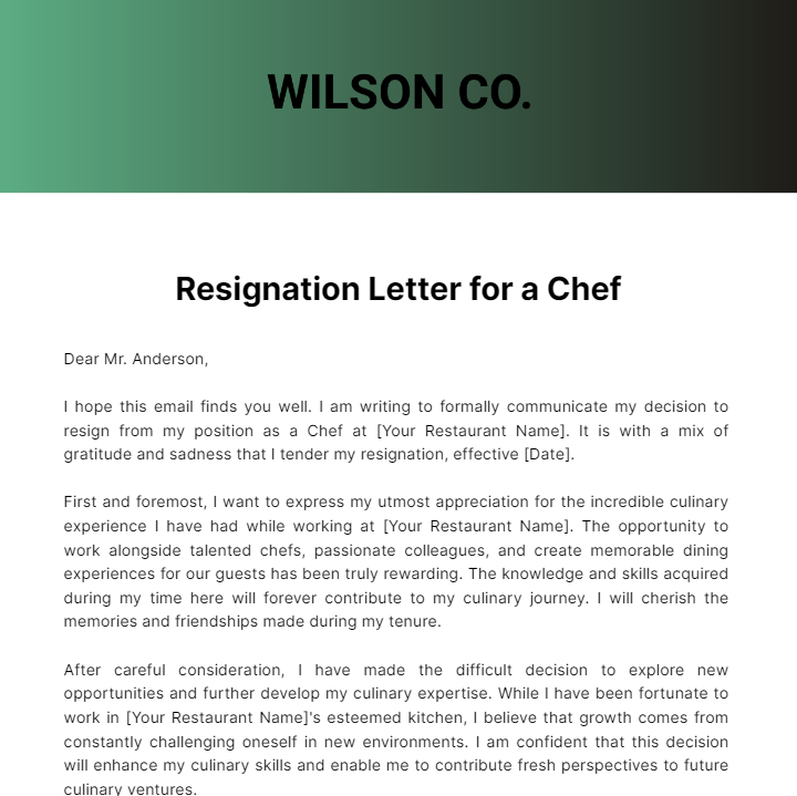 Free Resignation Letter for Chef  Template