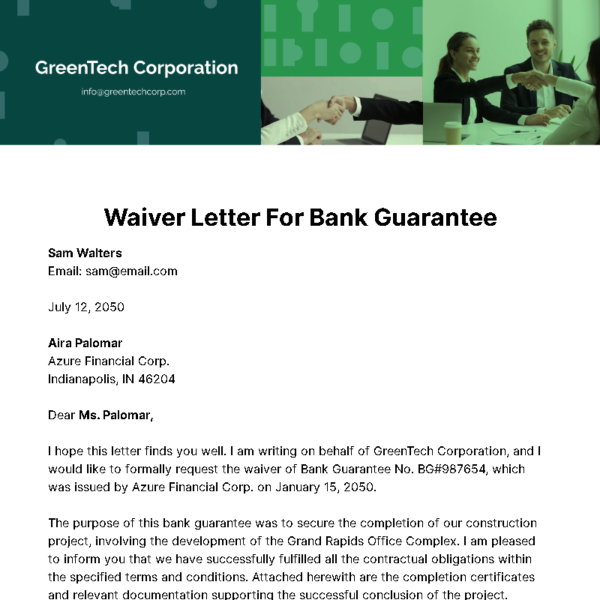 Waiver Letter for Bank Guarantee Template