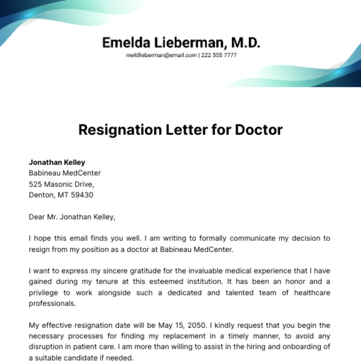 Resignation Letter for Doctor  Template