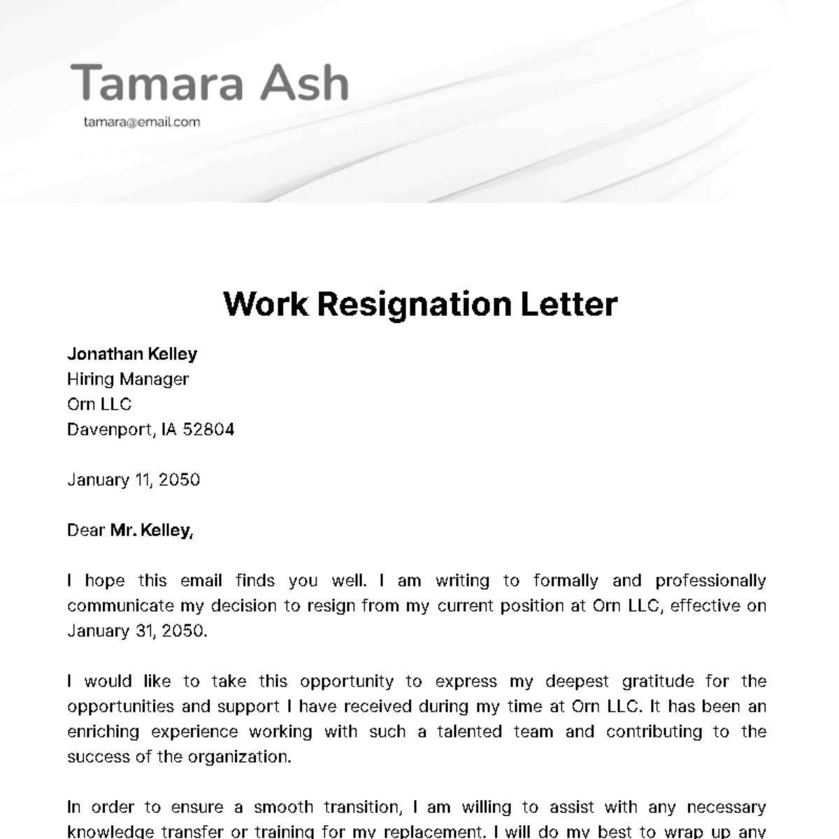 Free Work Resignation Letter  Template