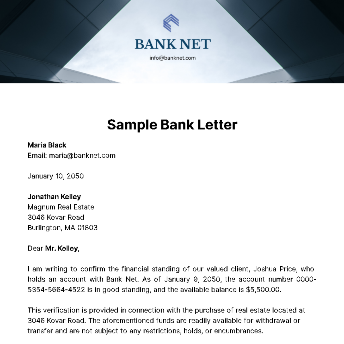 Sample Bank Letter  Template
