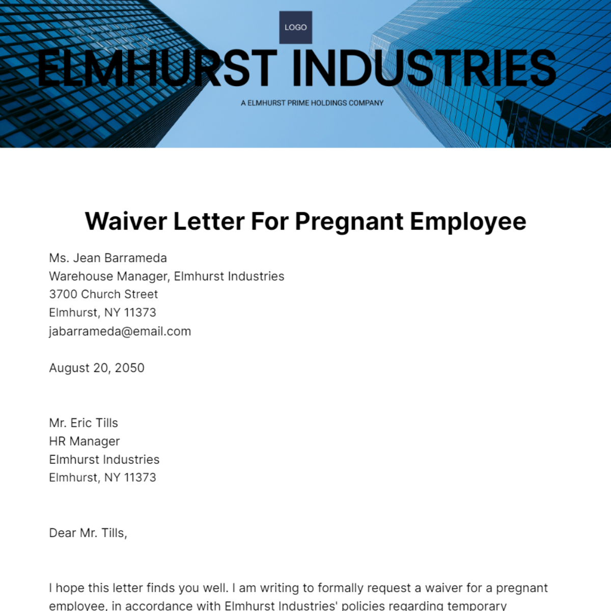 Waiver Letter for Pregnant Employee Template