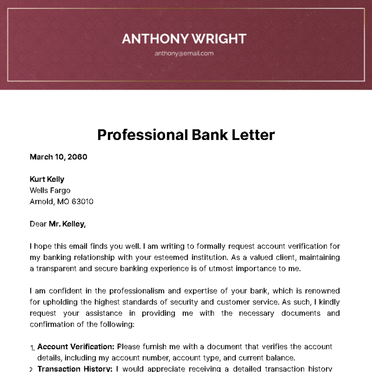 Free Professional Bank Letter  Template
