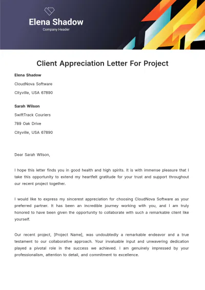 Free Client Appreciation Letter For Project Template to Edit Online