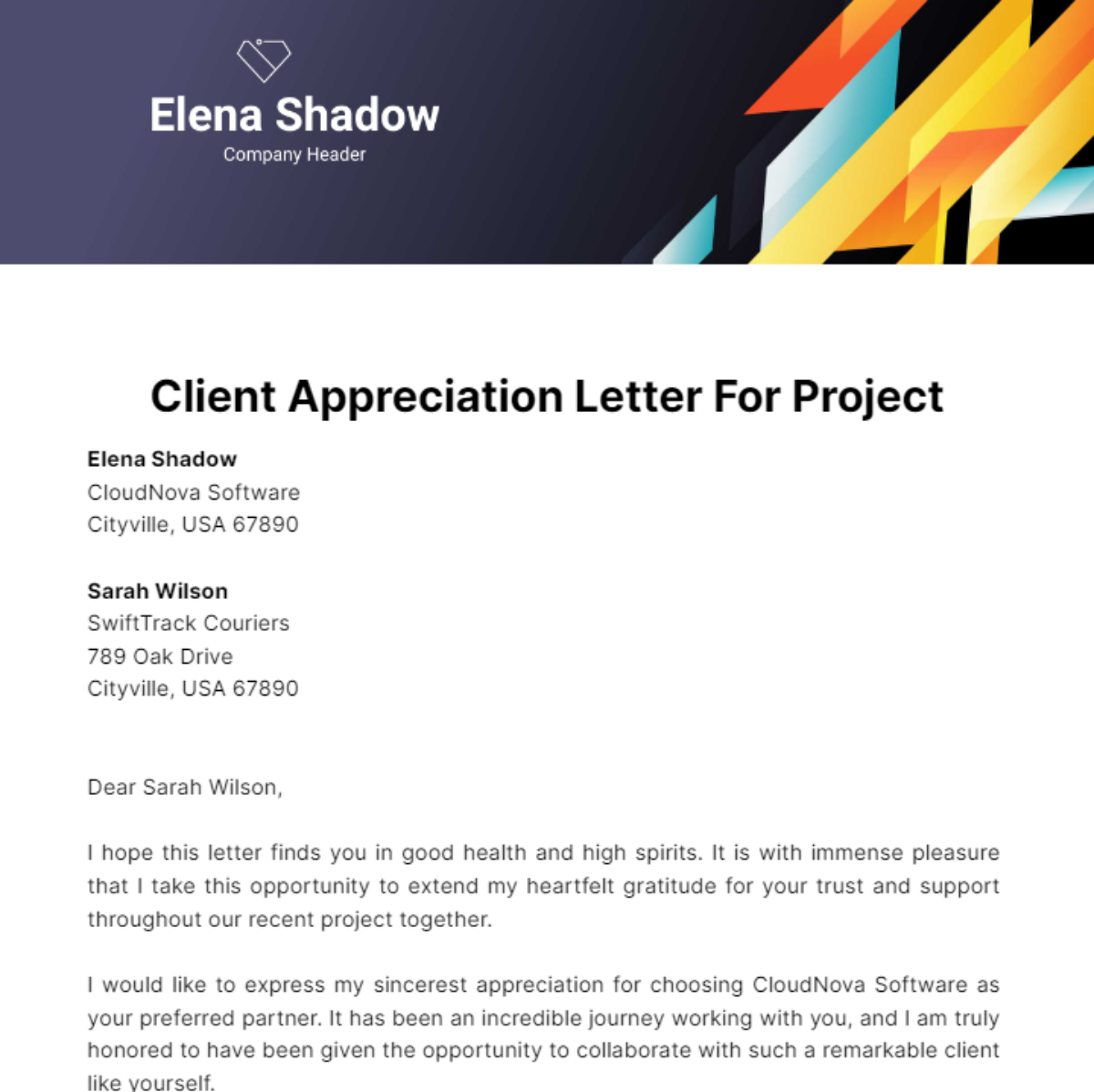 Client Appreciation Letter For Project Template