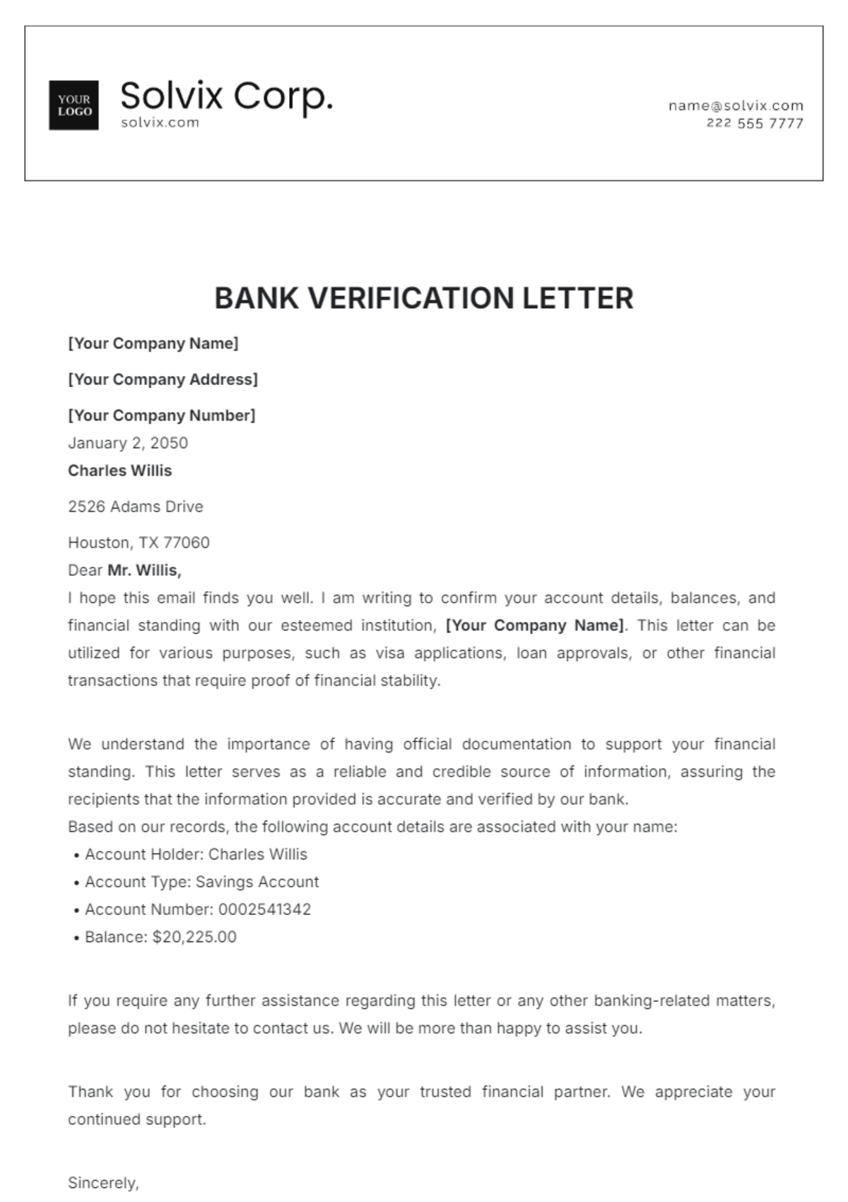 Bank Verification Letter Template - Edit Online & Download