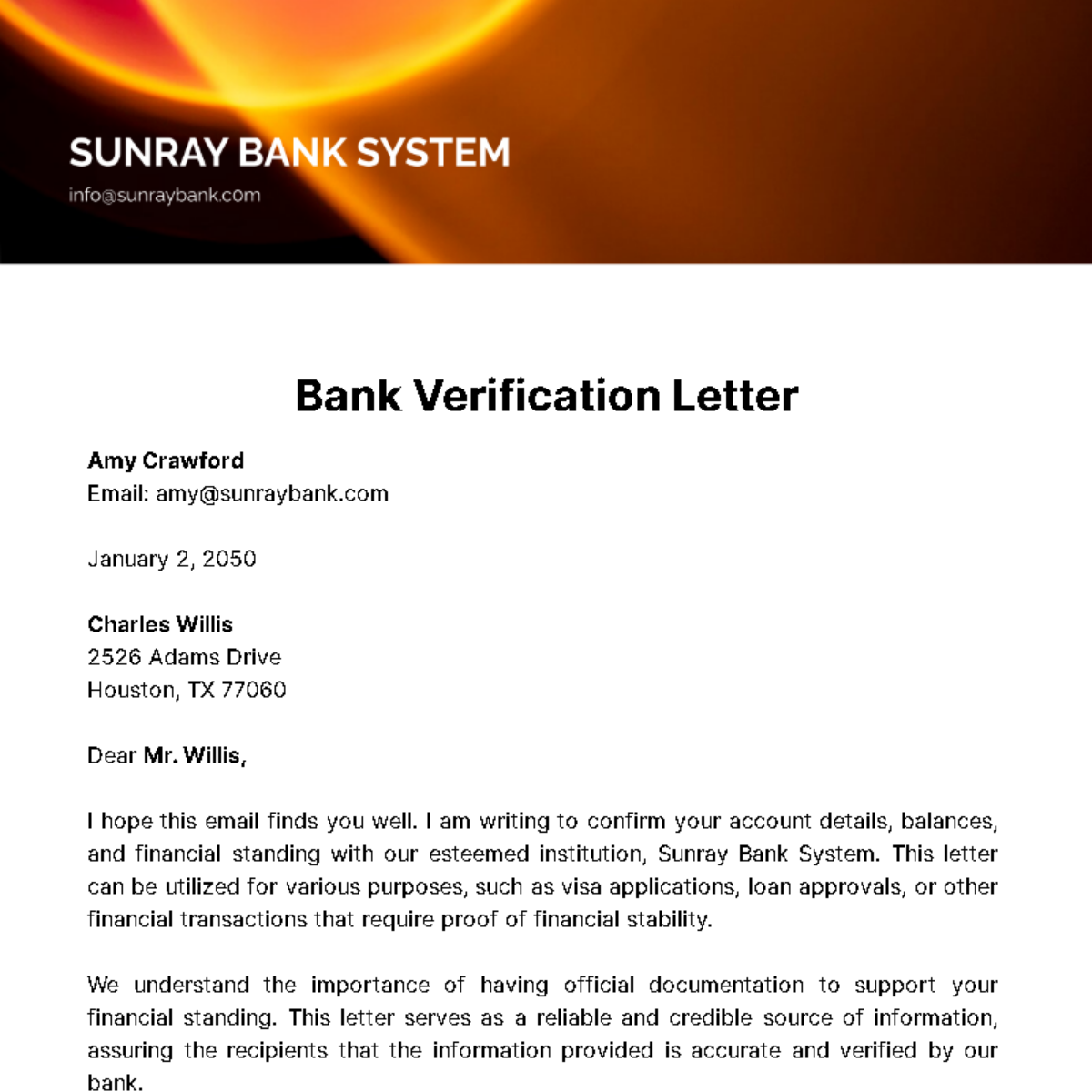 Free Bank Verification Letter  Template