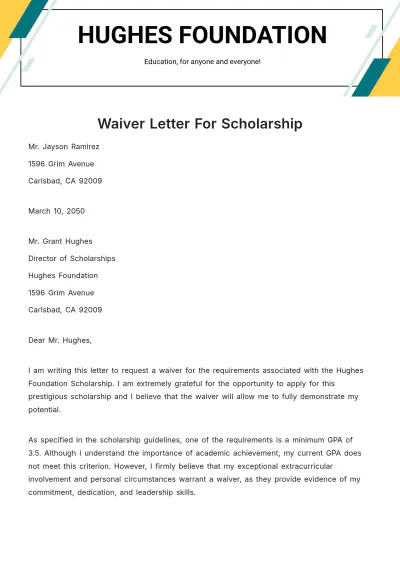 Free Waiver Letter for Scholarship Template to Edit Online