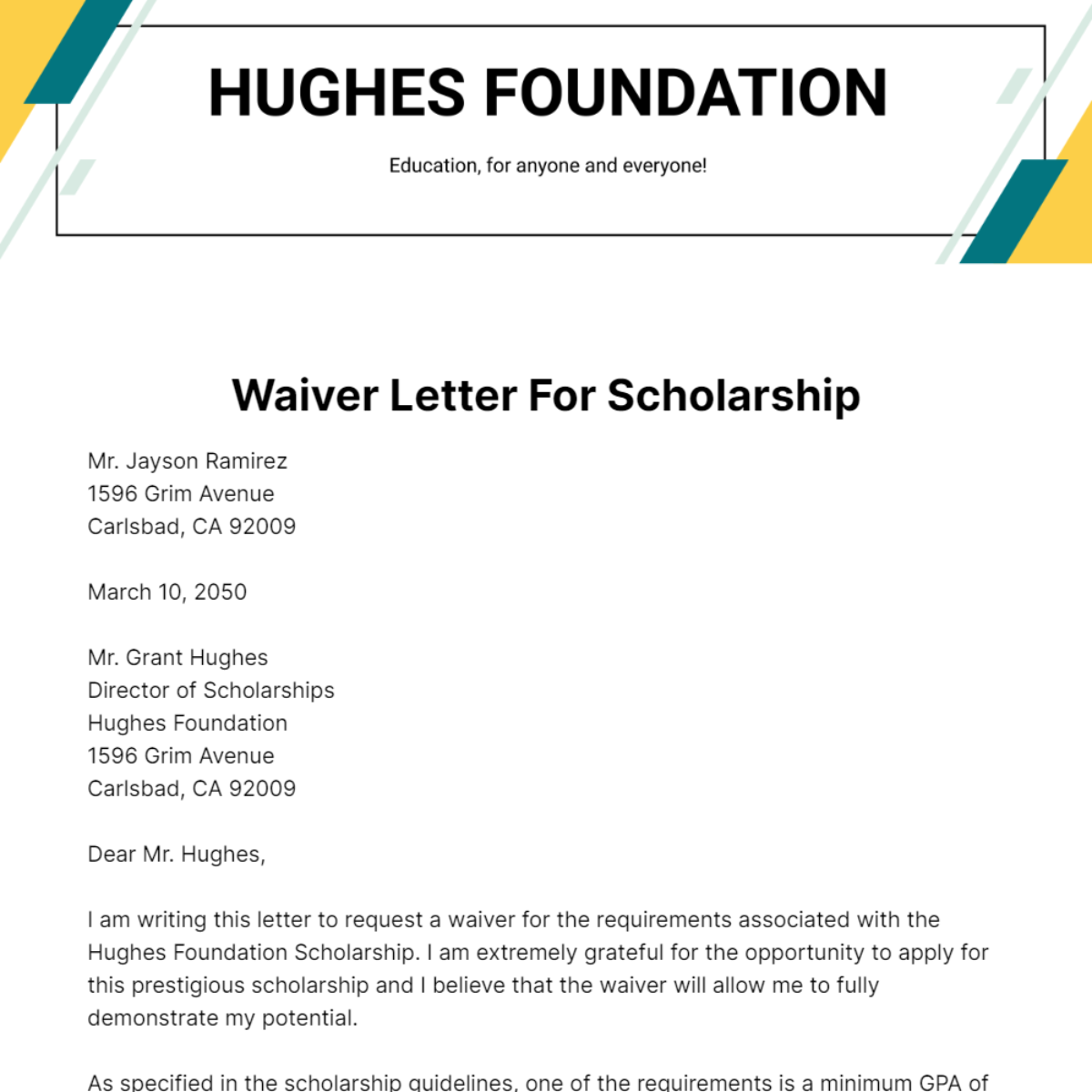 Free Waiver Letter for Scholarship Template