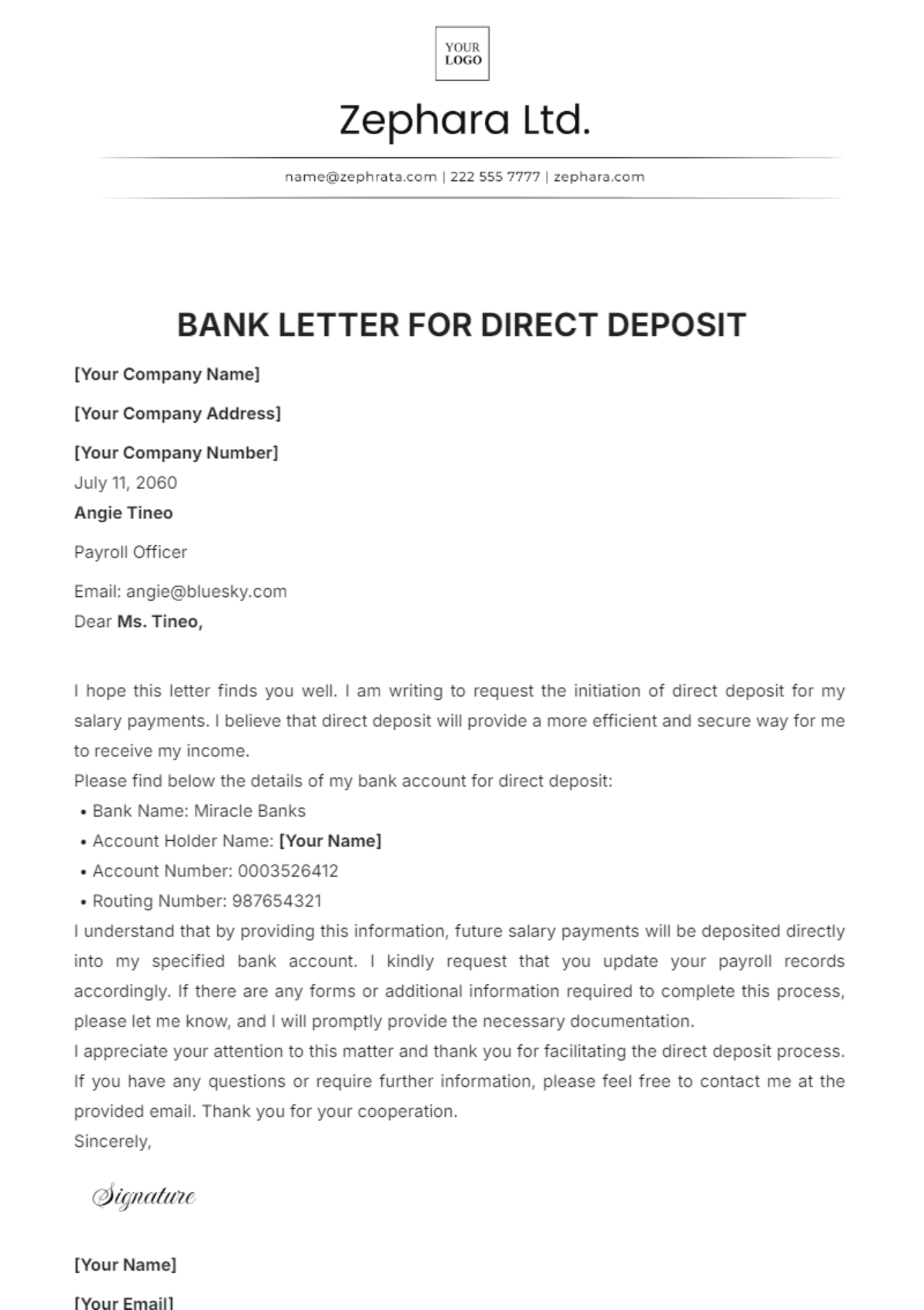 Bank Letter for Direct Deposit Template - Edit Online & Download