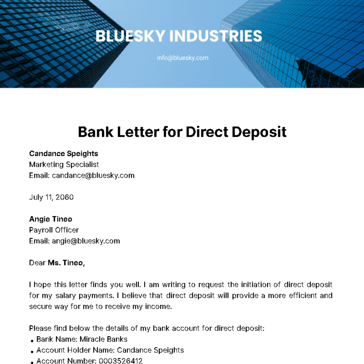 Bank Letter for Direct Deposit  Template